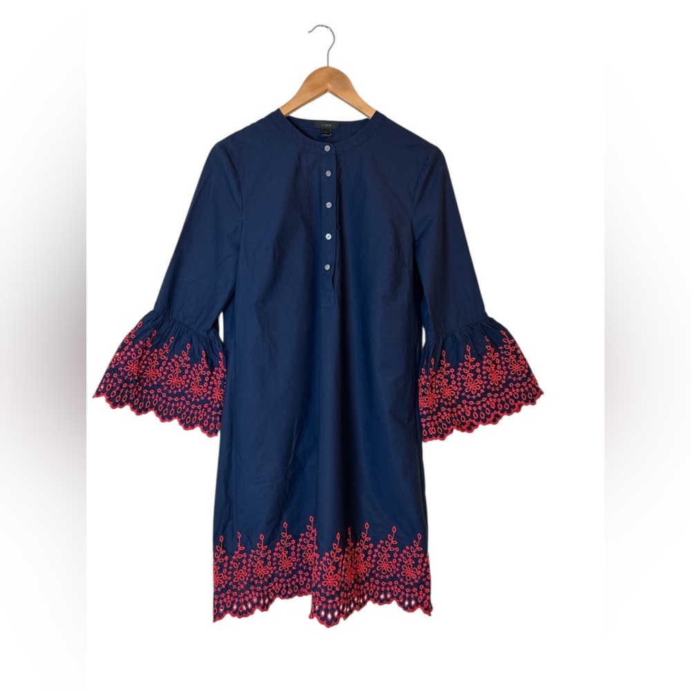 J. Crew Blue Sheath Dress Size S With Red Embroidery Eyelet Bell Sleeves